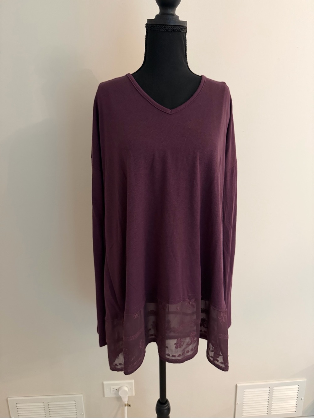 Cloud Chaser Plum V-Neck Long Sleeve Tunic with Lace Hem